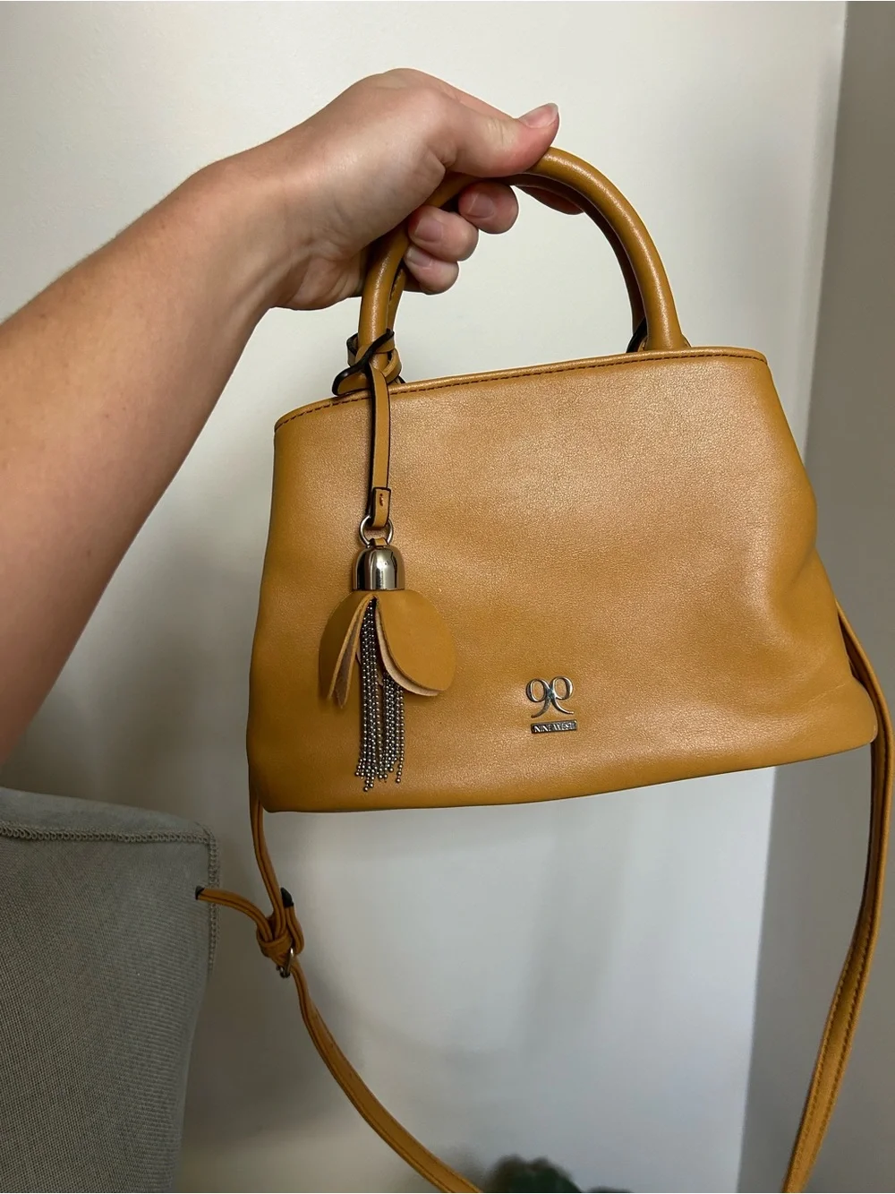 Nine West Mustard Yellow Leather Satchel with Tassel Charm